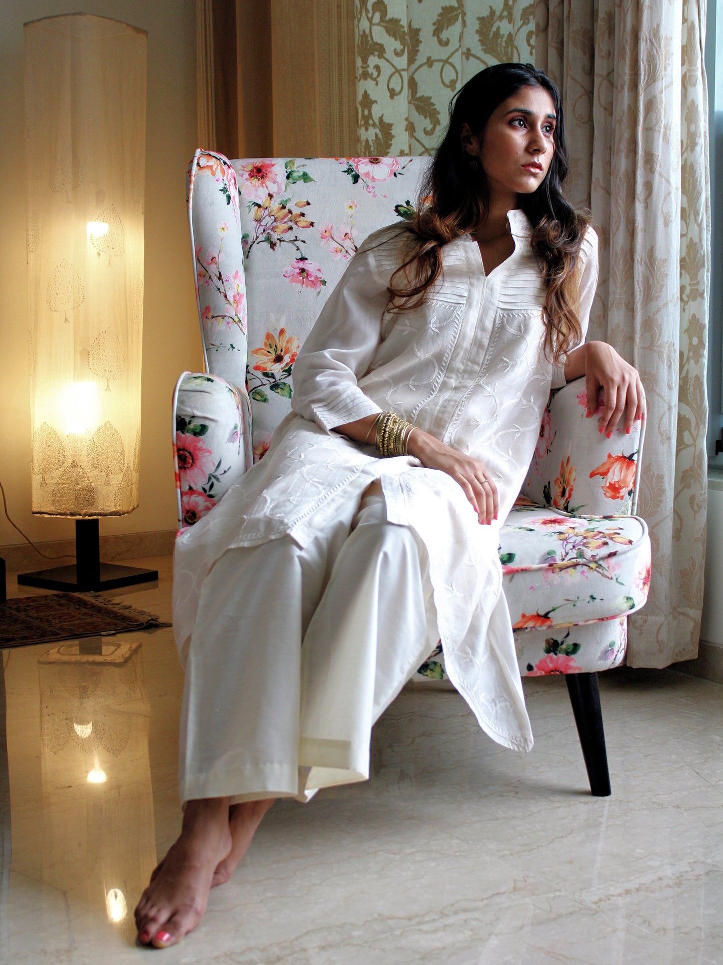 CHANDERI CREAM JAAL KURTA