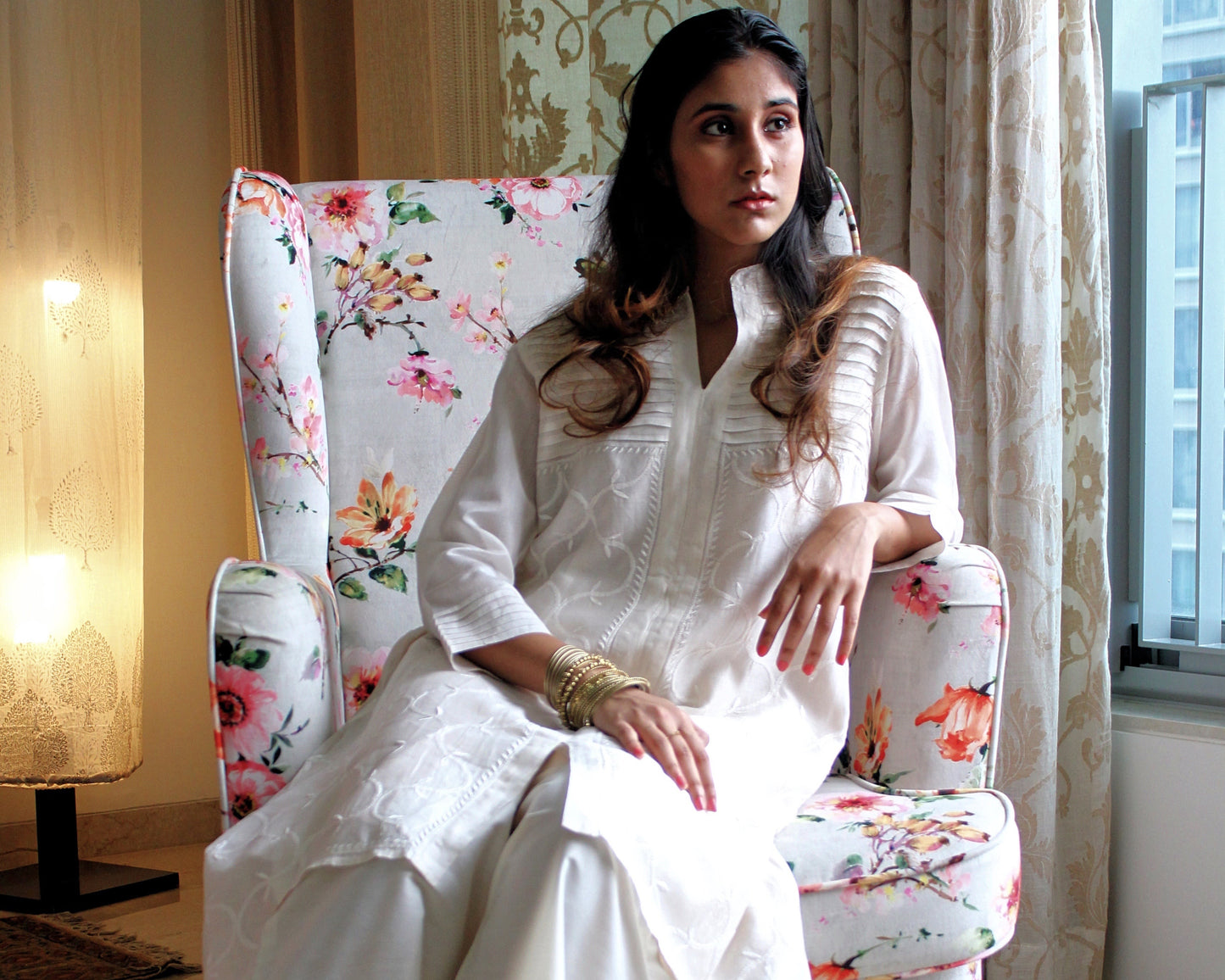 CHANDERI CREAM JAAL KURTA