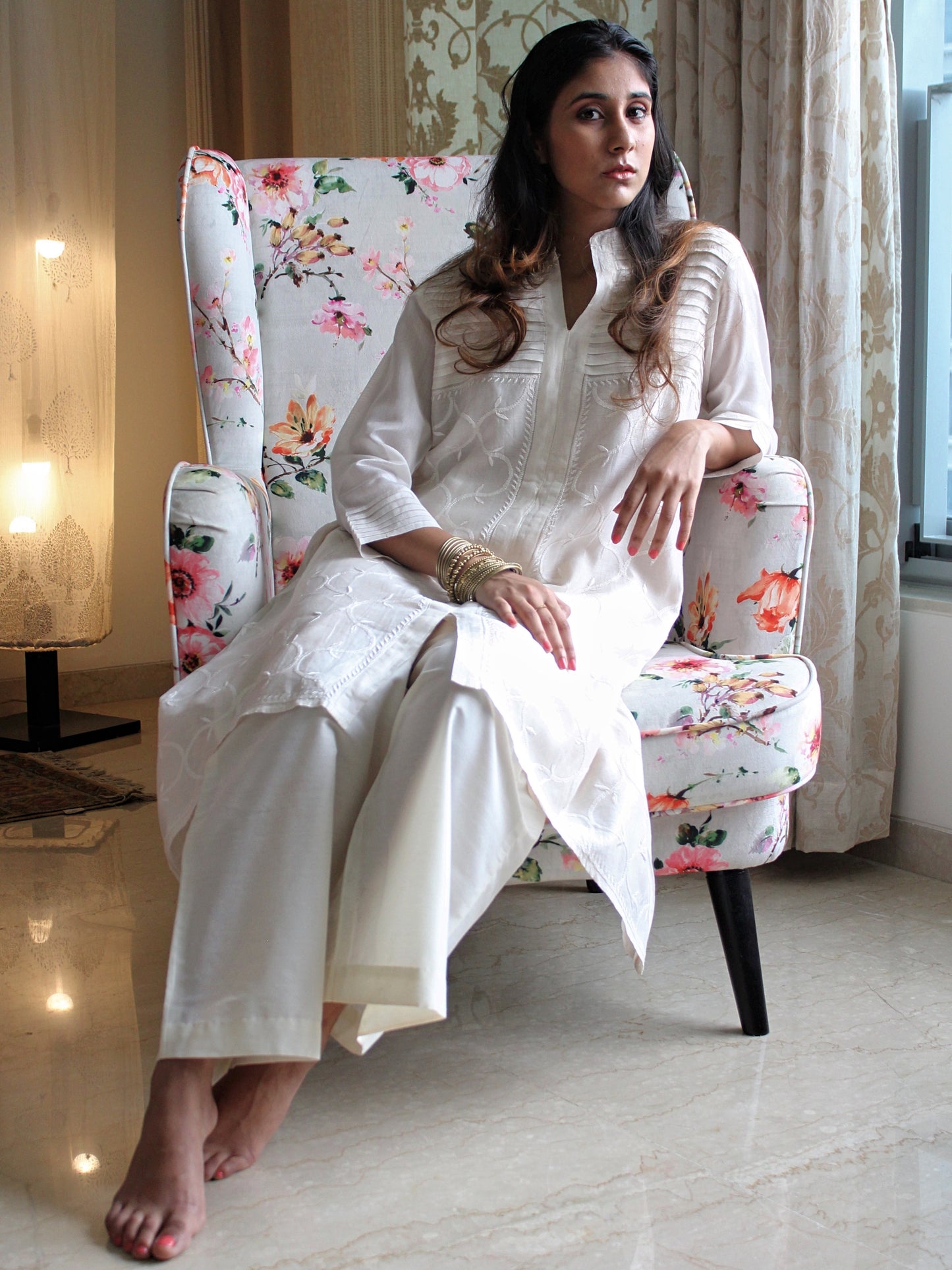 CHANDERI CREAM JAAL KURTA