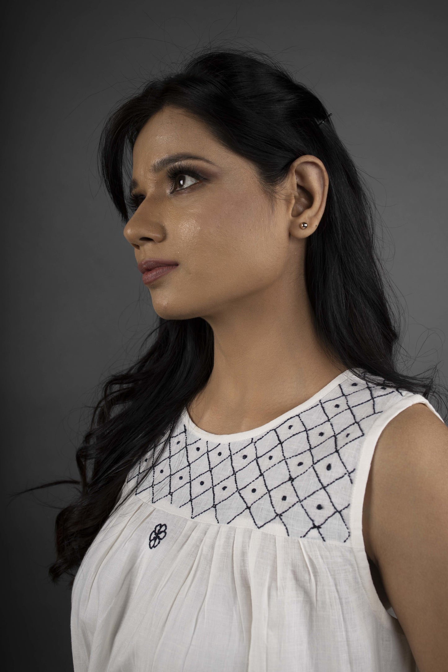 LINEN IVORY YOKE DRESS