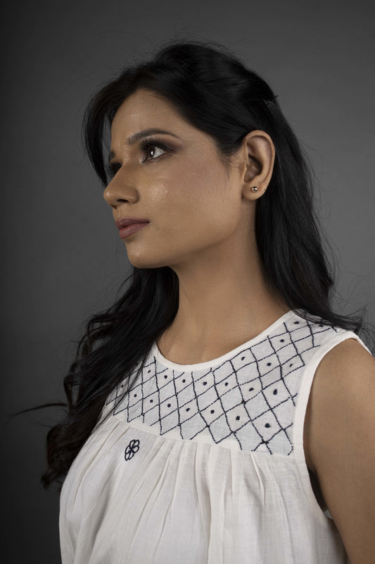 LINEN IVORY YOKE DRESS