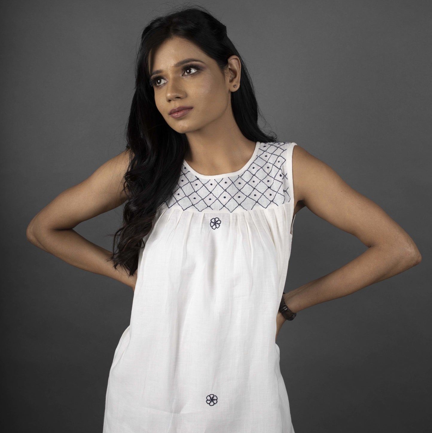 LINEN IVORY YOKE DRESS