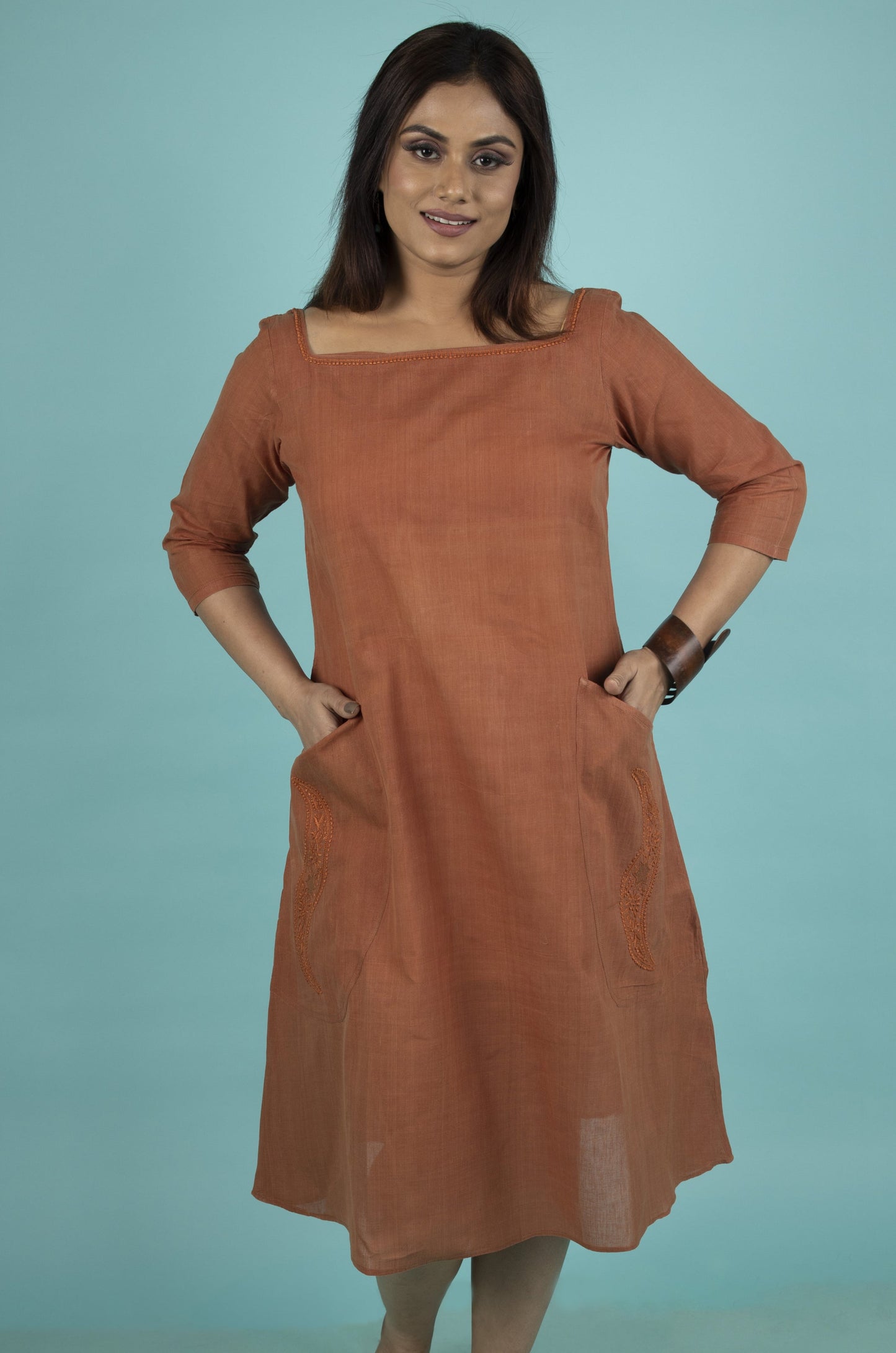 BROWN RUST A-LINE MIDI DRESS